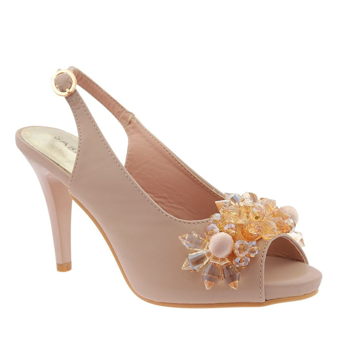 Beżowe sandały damskie na szpilce z kryształkami