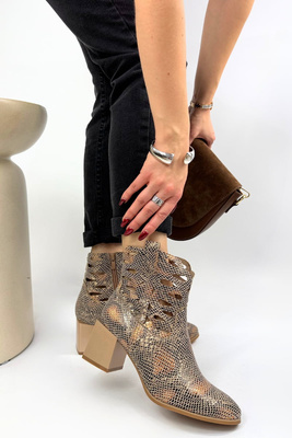 Botki damskie ażurowe złoty wąż na klocku 