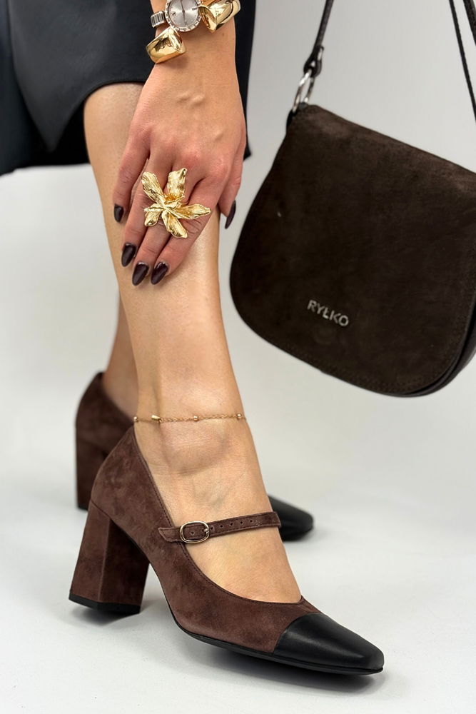 Czółenka skórzane z paskiem na słupku Ryłko