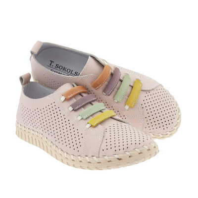 Beżowe półbuty skórzane perforowane wsuwane płaskie 