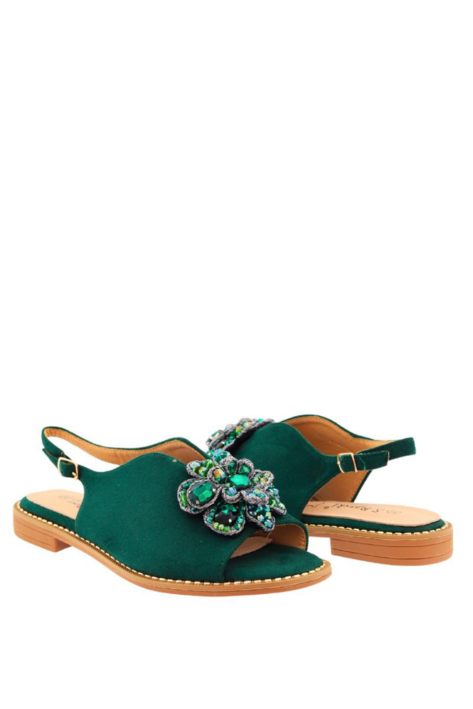 Zielone sandały zamszowe z ozdobą płaskie
