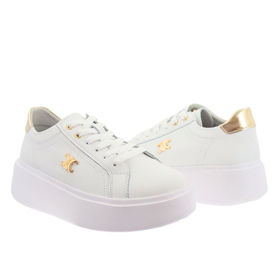Шкіряні білі кросівки з золотими вставками на платформі Potocki