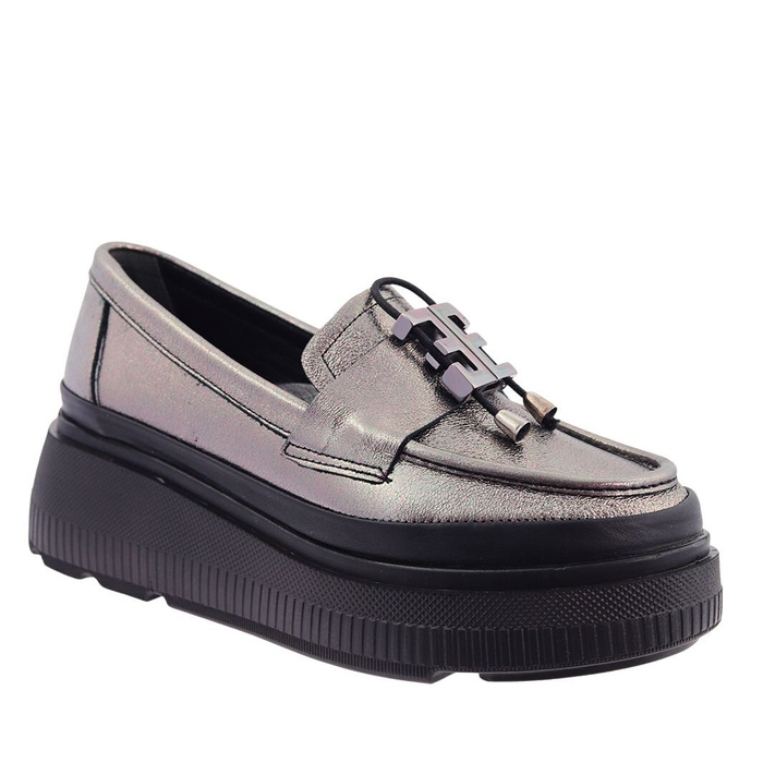 Срібні шкіряні мокасини сліпони на платформі