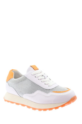 Sneakersy biało pomarańczowe skórzane z przewiewnym materiałem