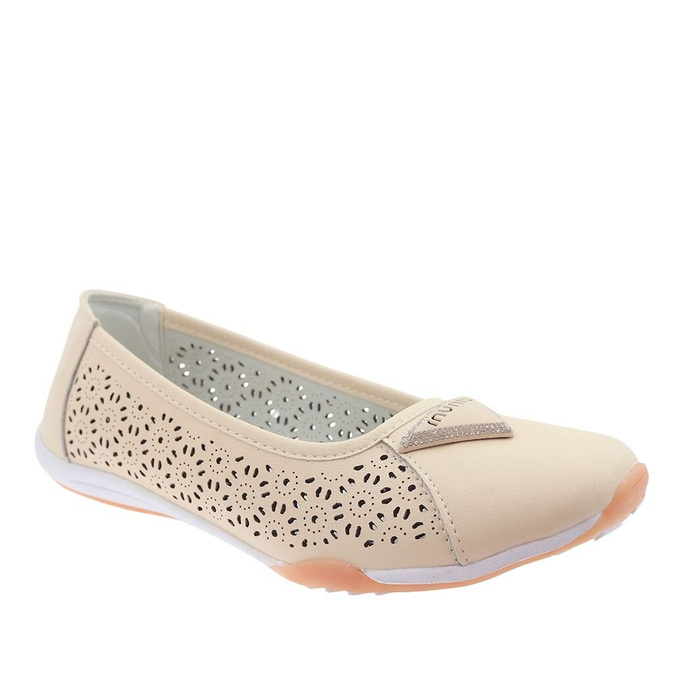 Beżowe baleriny ażurowe skórzane płaskie