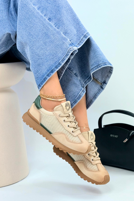 Beżowe skórzane przewiewne sneakersy sznurowane