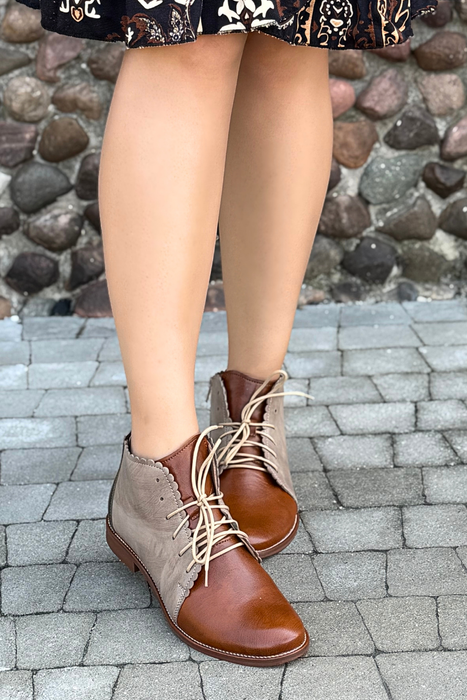 Damskie trzewiki skórzane brązowo oliwkowe sznurowane