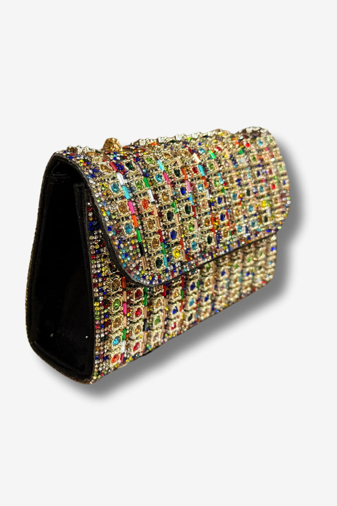 Torebka damska wizytowa w kolorowe cyrkonie na łańcuszku