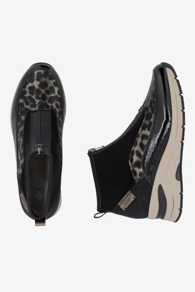 Czarne botki Leopard na koturnie Rieker