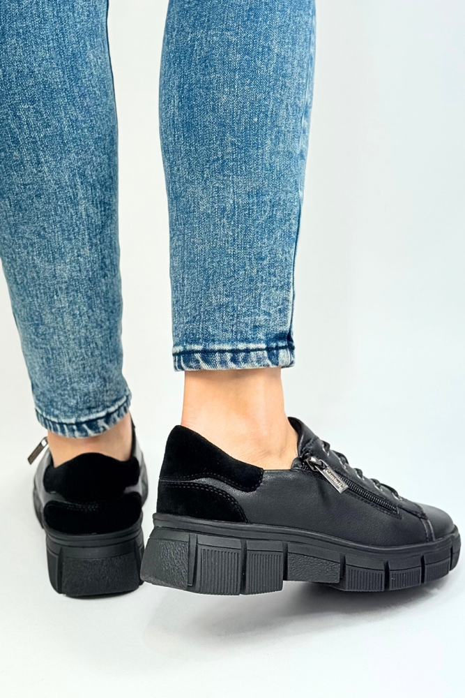 Półbuty skórzane czarne sznurowane z zamkiem na platformie 