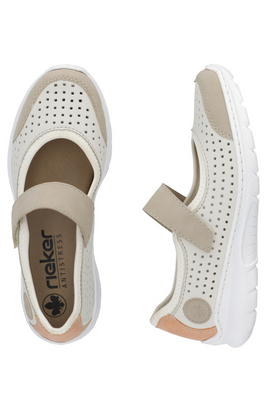 Półbuty damskie na rzep biało beżowe perforowane Rieker