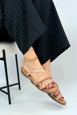 Stylowe sandały damskie beżowe płaskie 