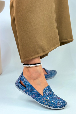 Skórzane półbuty niebieskie ażurowe płaskie