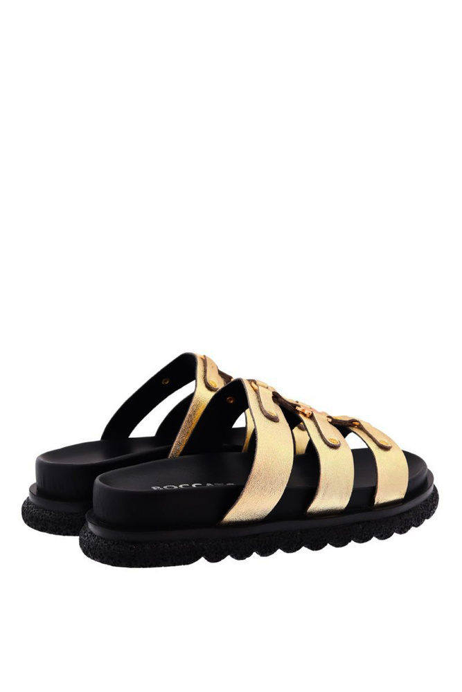 Klapki damskie skórzane złote z paskami