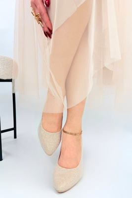 Złote szpilki czółenka w brokacie