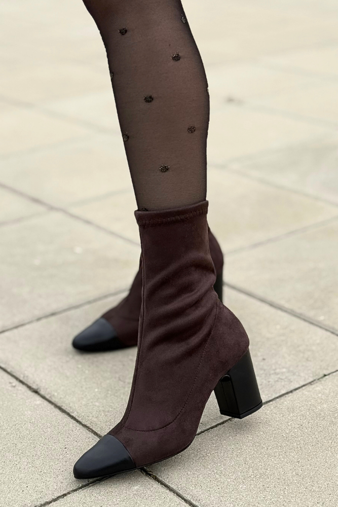 Ryłko botki damskie welurowo skórzane wsuwane na obcasie