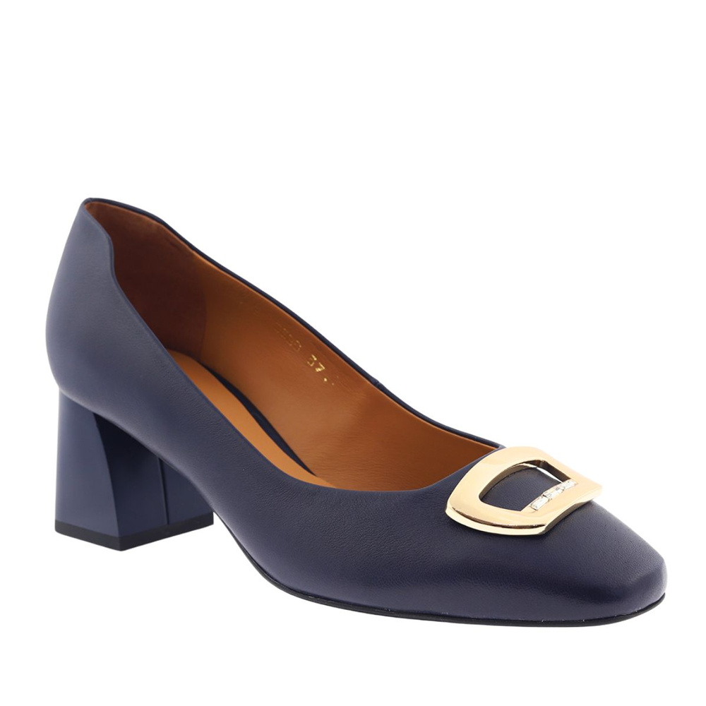 Granatowe skórzane czółenka ze złotą klamerką na klocku Anis