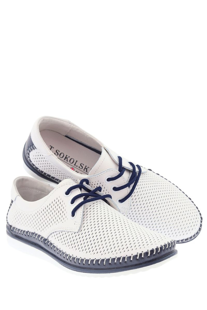 Półbuty skórzane perforowane biało granatowe sznurowane