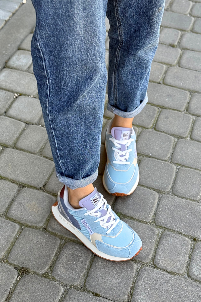 Niebieskie sneakersy ze skóry i zamszu na platfoemie Big Star