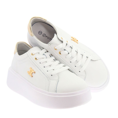 Skórzane białe sneakersy ze złotymi wstawkami na platformie Potocki