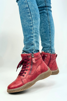 Bordowe botki ocieplane płaskie sznurowane z zamkiem 