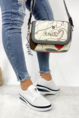 Półbuty skórzane biało granatowe wsuwane perforowane