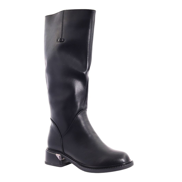 Чорні шкіряні чоботи вище коліна на невисокому каблуці