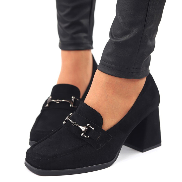 Чорні замшеві мокасини з пряжкою на каблуці Потоцького