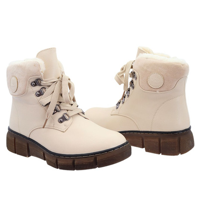 Botki damskie beżowe ocieplane na platformie sznurowane z zamkiem