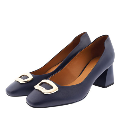 Granatowe skórzane czółenka ze złotą klamerką na klocku Anis