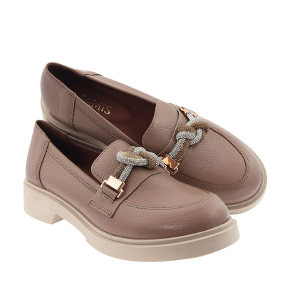 Beżowe mokasyny skórzane z splątanym supłem w cyrkonie Gamis