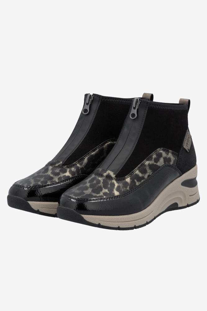 Czarne botki Leopard na koturnie Rieker