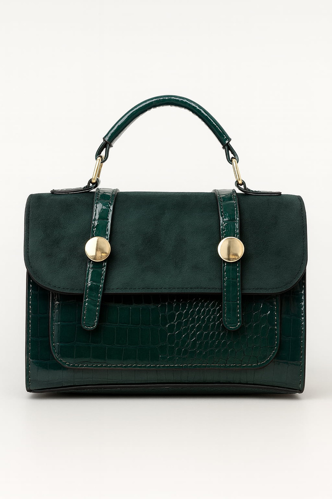 Torebka lakierowana z zamszem mała z klapą butelkowa zieleń