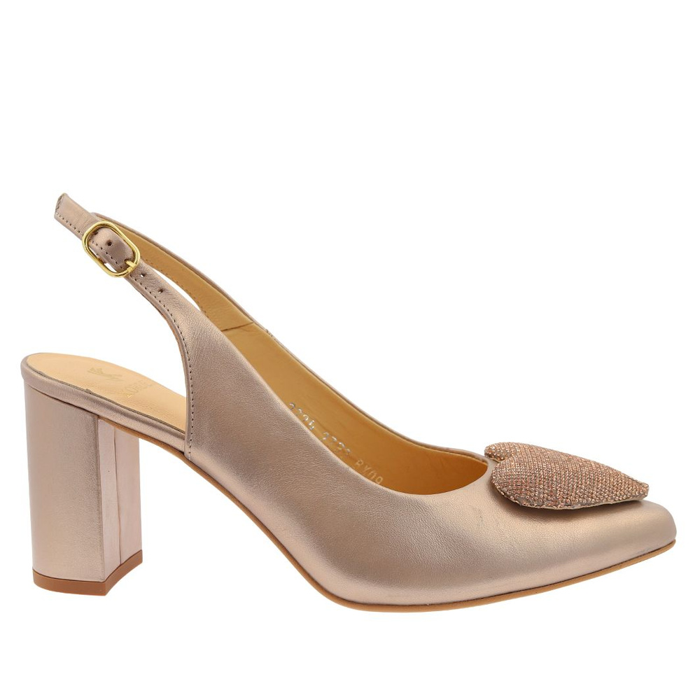 Złote czółenka skórzane z ozdobnym sercem na słupku