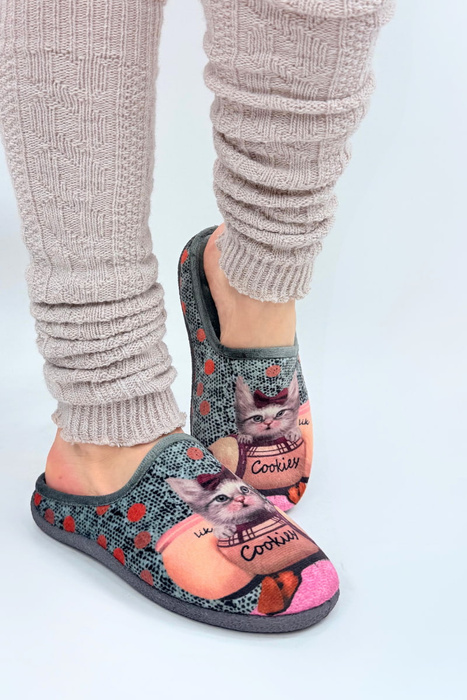 Kapcie damskie domowe z kotkiem Cookies wsuwane