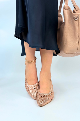 Жіночі золоті шкіряні човники на низькому каблуці