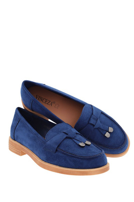 Granatowe zamszowe mokasyny z ozdobnymi frędzlami