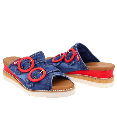 Джинсові штани Artiker з червоною пряжкою на танкетці