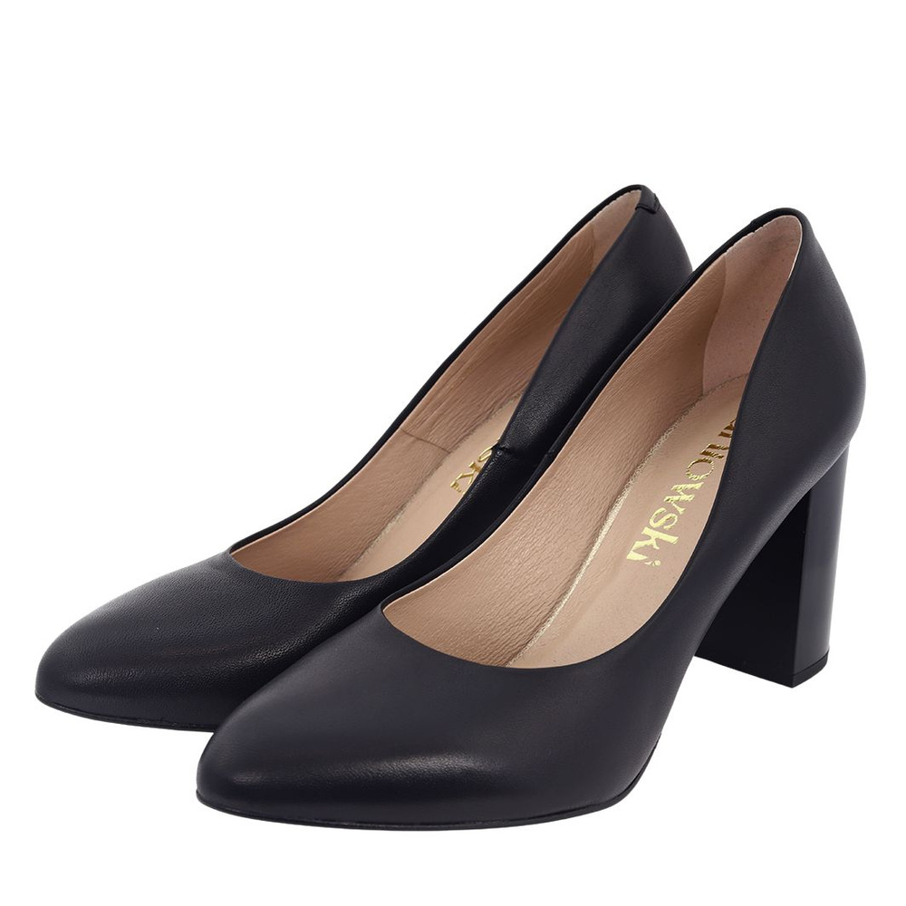 Czółenka skórzane czarne na słupku Kaniowski