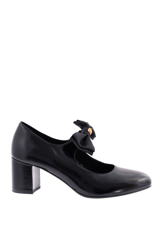 Czarne czółenka skórzane na obcasie z kokardą