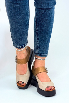 Złote sandały na koturnie z ekoskóry na rzep