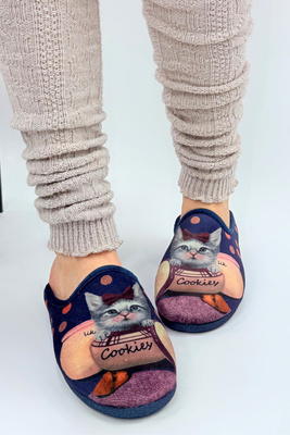 Kapcie damskie wsuwane z motywem kotka granatowe