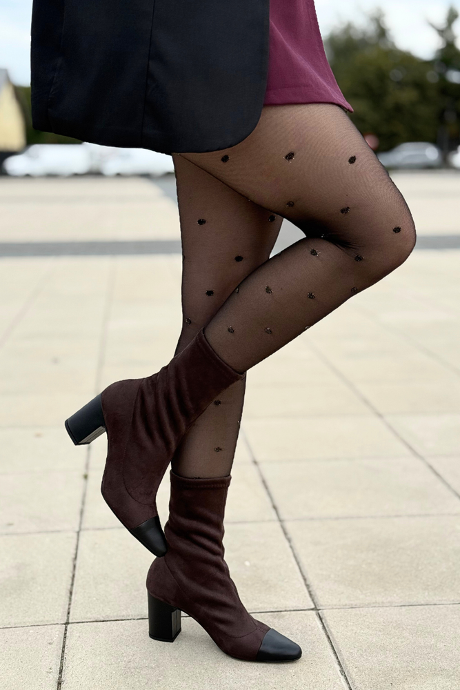 Ryłko botki damskie welurowo skórzane wsuwane na obcasie