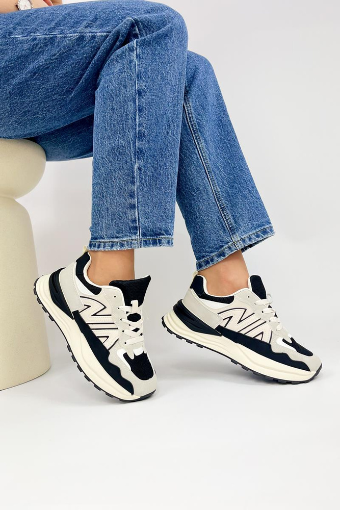 Sneakersy damskie na platformie biało czarne sznurowane