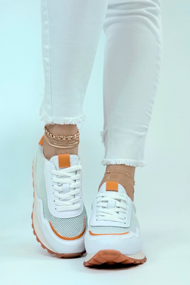 Sneakersy biało pomarańczowe skórzane z przewiewnym materiałem