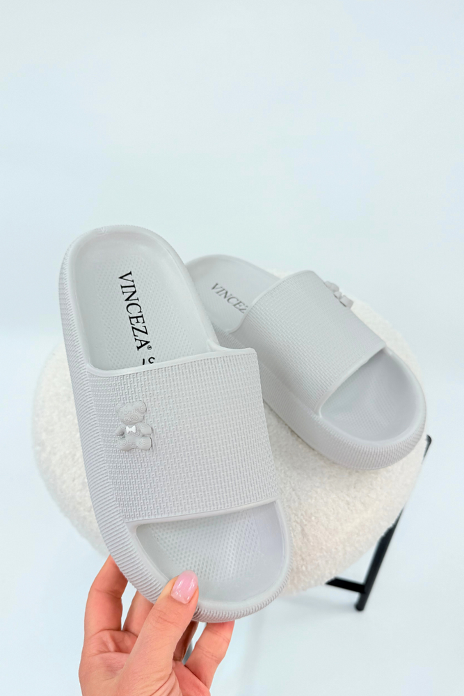 Klapki piankowe damskie szare z misiem