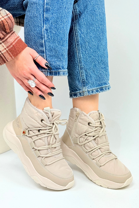 Śniegowce damskie beżowe ocieplane kożuchem na platformie