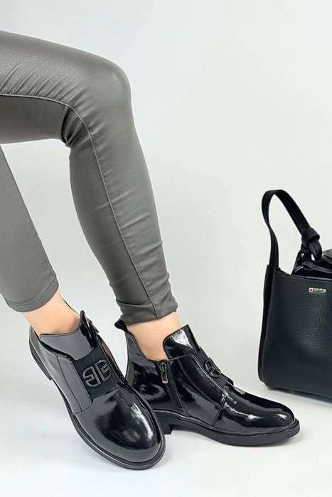 Skórzane botki damskie Filippo czarne lakierowane z ozdobą ocieplane