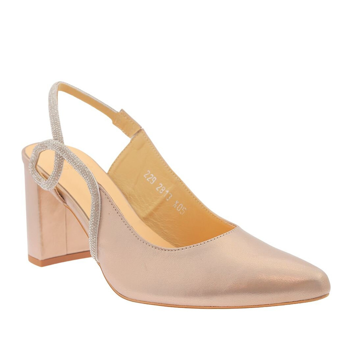 Жіночі золоті шкіряні човники на високому каблуці з відкритою п'ятою