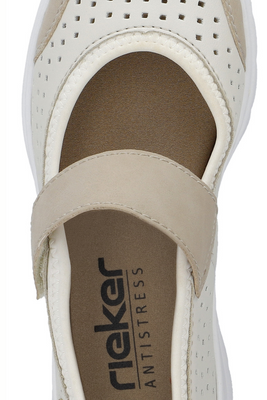 Półbuty damskie na rzep biało beżowe perforowane Rieker